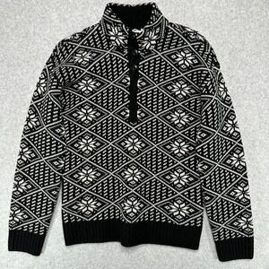 LL Bean Signature Kingfield Merino Wool Sweater, Fair Isle Black White Womens XS